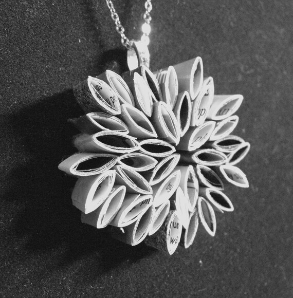 black and white pendant necklace- made from recycled magazines