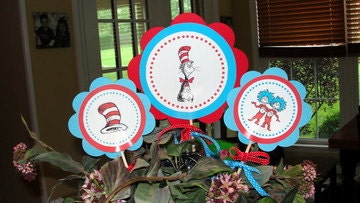 Dr. Seuss Cat in the Hat Birthday Sign Centerpieces for Birthday Party or Baby Shower