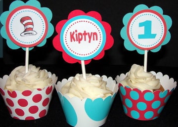 Personalized Dr. Seuss Cat in the Hat Birthday Cupcake Toppers