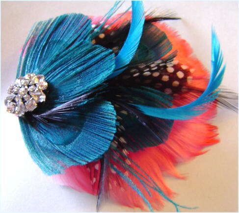 MARGARET in Malibu Pink and Blue Bridal Peacock Feather Hair Fascinator Clip