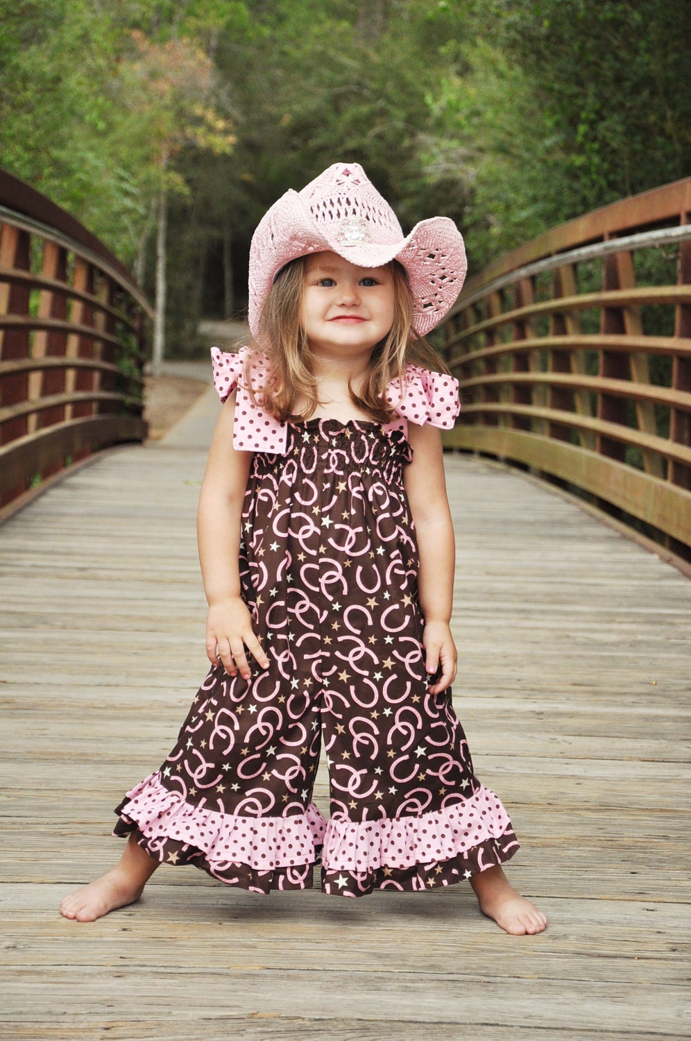 Pink and Brown Horseshoe Print Romper - shirred top - ruffle