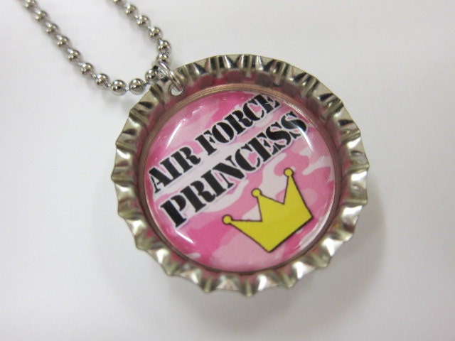 Bottlecap Necklace - Air Force Princess - Pink Camouflage With Crown