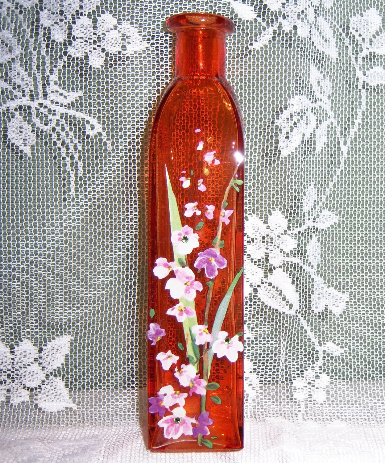 Orange glass bud vase - pink and purple floral with green swarovski crystals