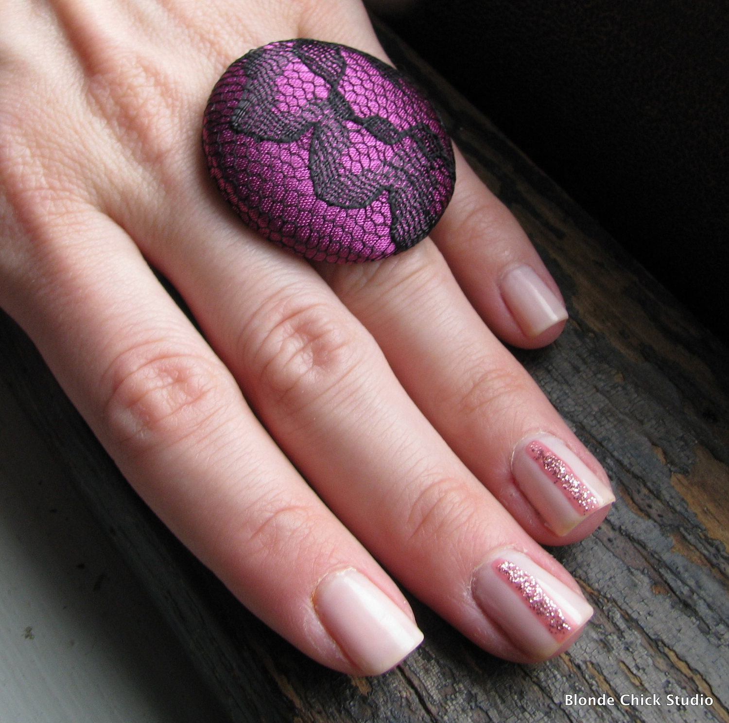 DECO RING no.47-Purple Silk Fabric with Black Lace Overlay Ring