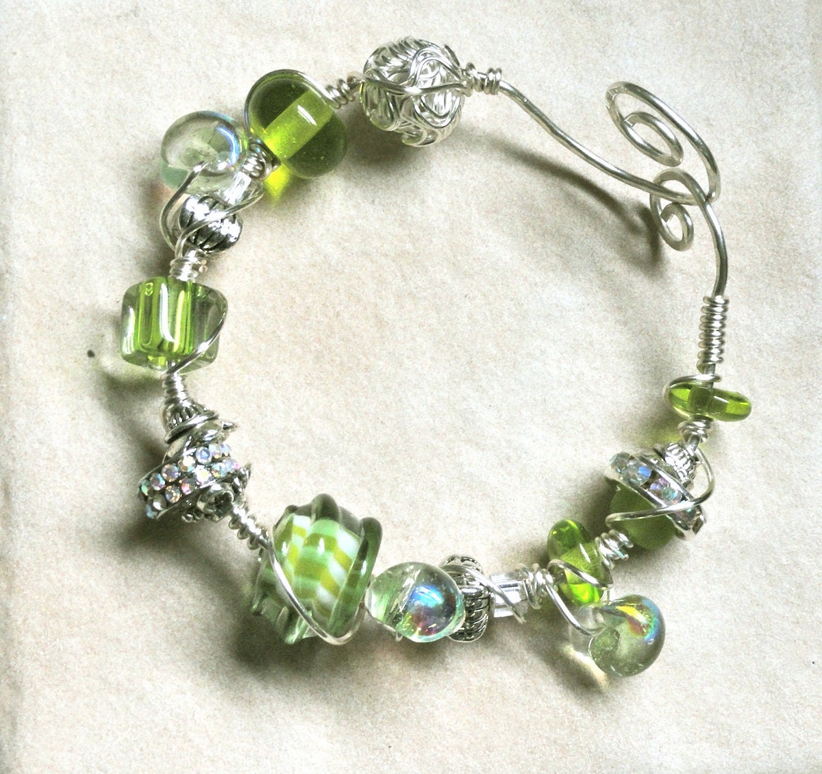 Lime Spritzer Lampwork Bracelet Wire Wrapped Sterling Silver