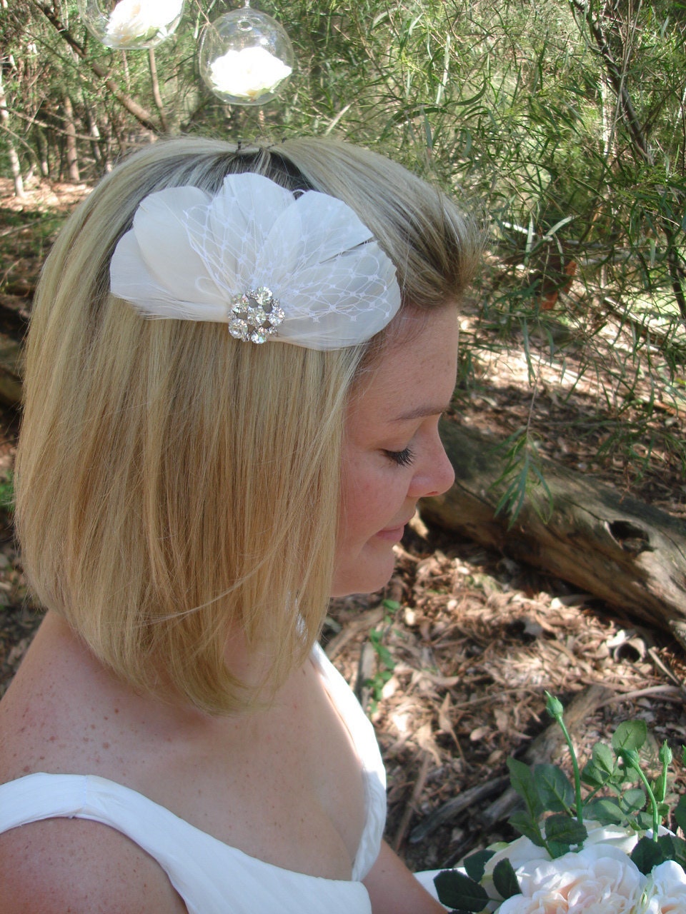 feather facinator Ivory clip with vintage inspired rhinestone jewel & ivory russian veiling