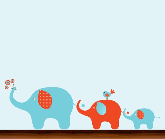 Boys Orange and Blue Pattern Elephants in a Row - Vinyl Wall Art Decal
