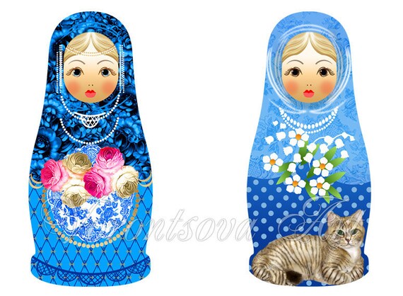 Matryoshka with cat Russian  - Babushka - matrioshka nesting dolls. Digital Collage Sheet. Printable Imade ATC ACEO. 008