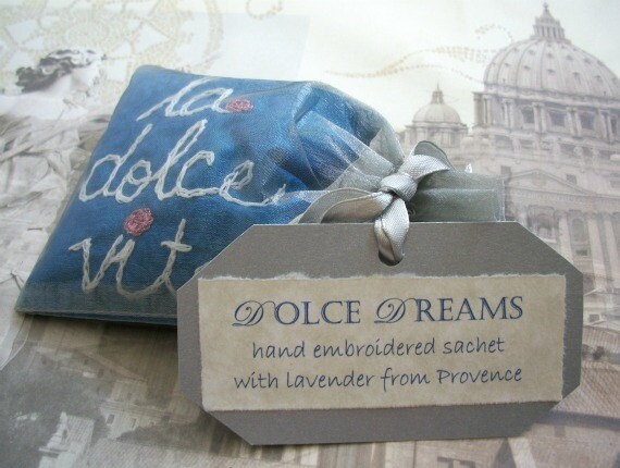 Lavender Sachet in Dupioni Silk with Hand Embroidery by Dolce Dreams