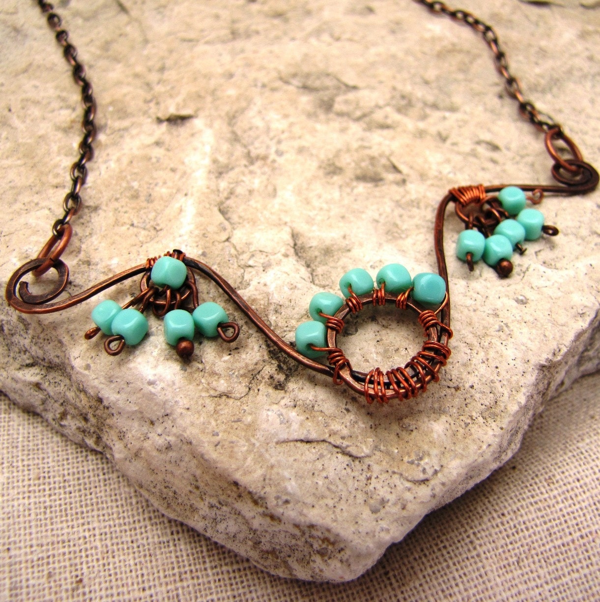 Hand Forged Copper Necklace with Turquoise Beads "Turquoise Butterfly"