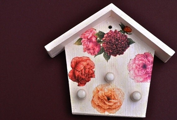 Decoupage  Wooden Key Holder for your wall with flower design
