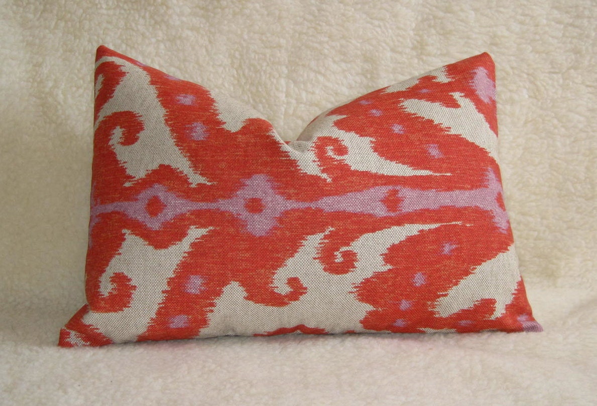 Ikat Decorative Pillow - Red Orange Coral Linen - 12x18 inch - Zipper Enclosure - Accent Pillow - Designer Pillow - Lumbar Pillow