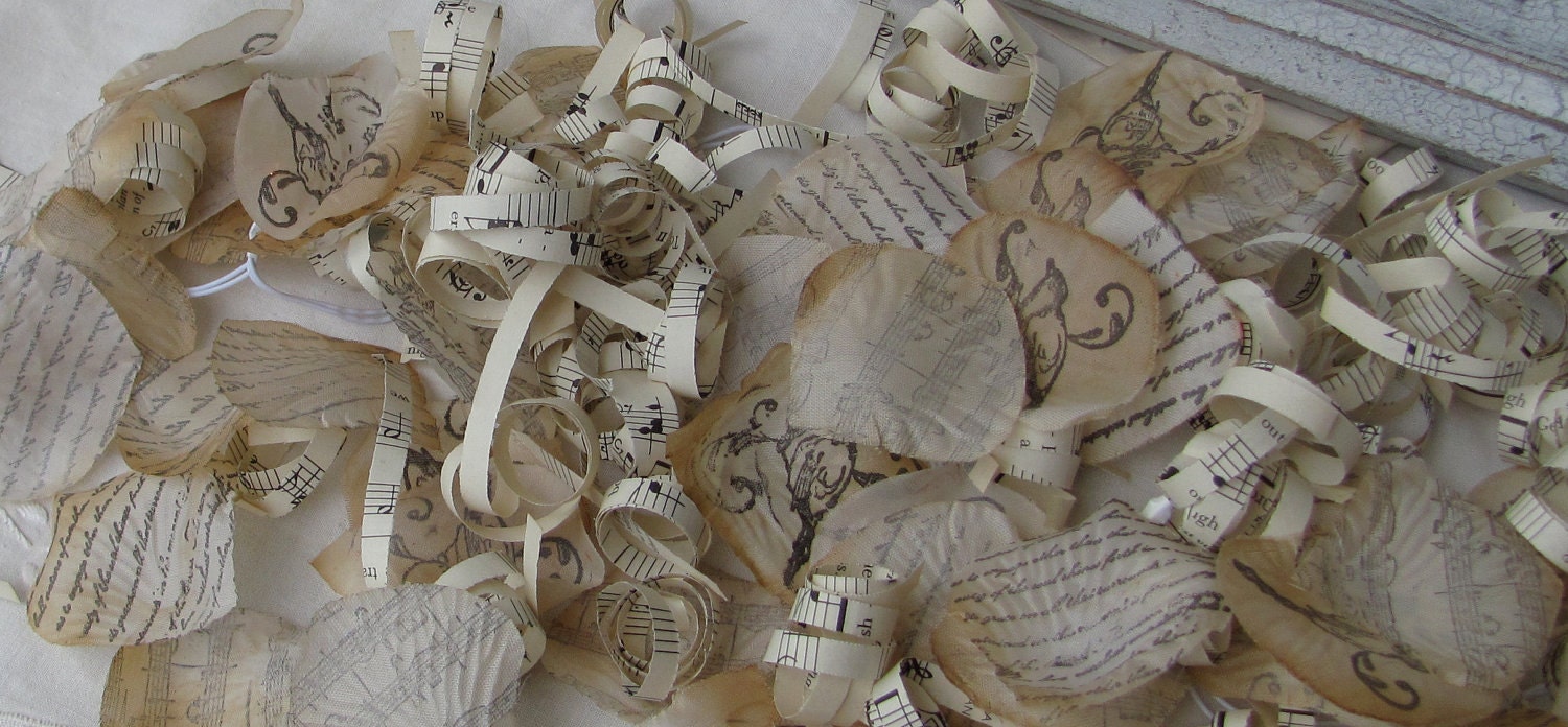 Hand Stamped Flower Petals And Vintage Sheets of Music by My Broken Art on Etsy
