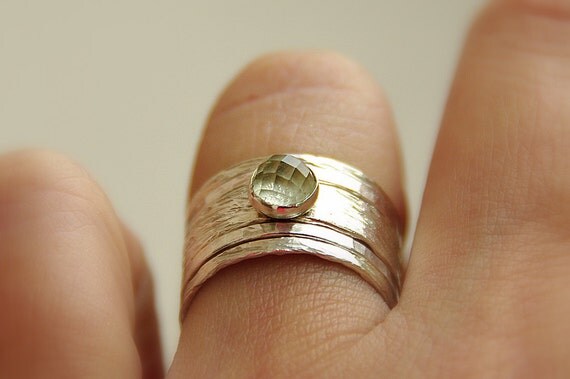 Hannah' unique rustic, earthy, distressed ring: green amethyst & sterling silver stackable / stack rings. Amythest ring