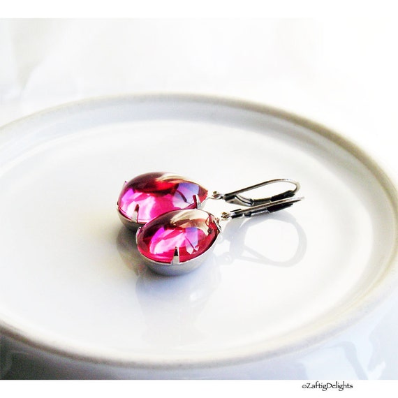 Earrings Hot Pink Glass Pear Drops Antique Silver