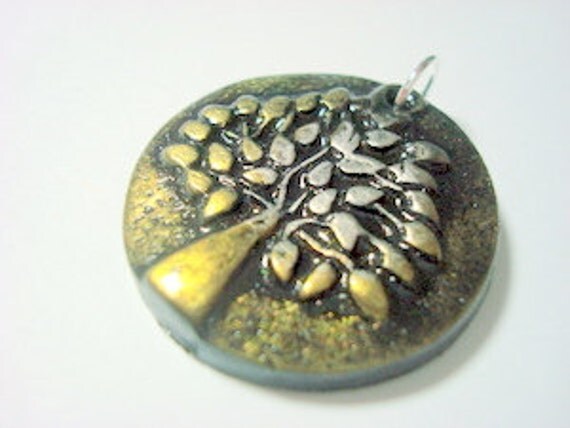 Black Silver and Gold Triangle Tree of Life Handmade Polymer Clay Pendant