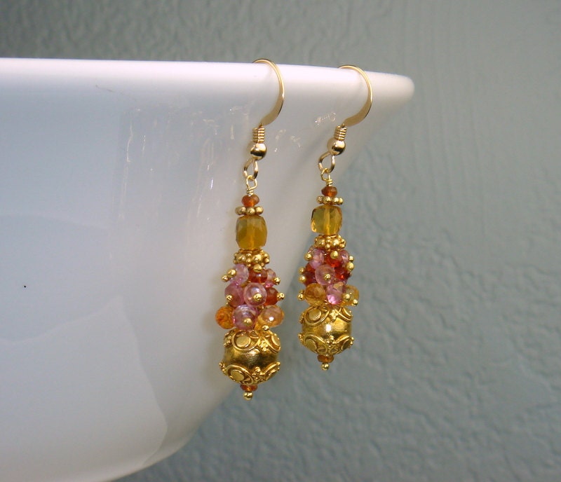 Citrine, Sapphire, Pink Topaz and Gold Bead Earrings
