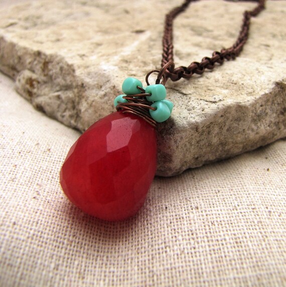 Hot Pink Jade wrapped in Turquoise Beads Necklace "Pink n Blue"