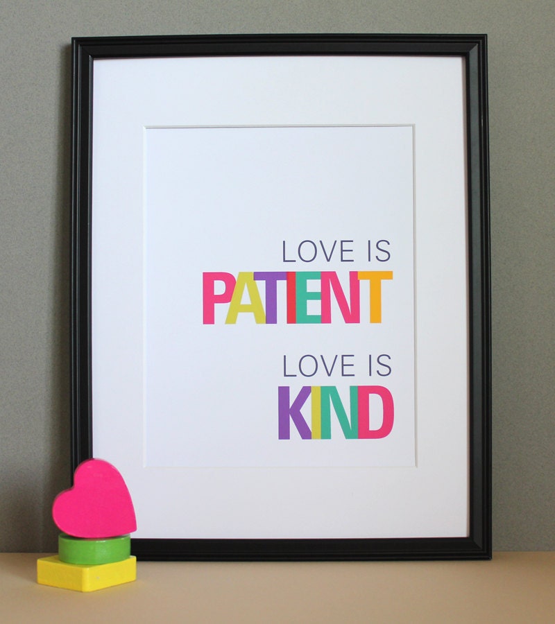 Modern Christian Typography Art, Love is Patient, Love is Kind, Pink, 8x10, Unframed