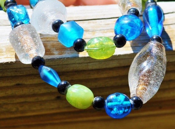 Beachynecklace with  sea glass in shades of blues and green