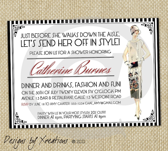 Vintage Fashion Themed Art Deco Style Bridal Shower Invitation Template 