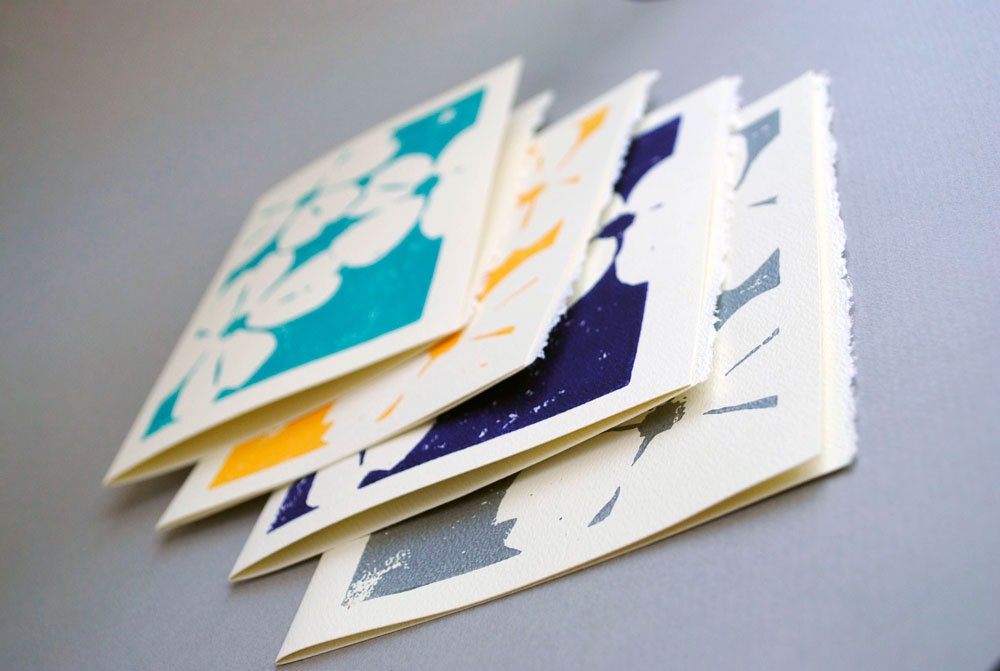 Dogwoods Blank Notecards - Set of Four Linocut Cards - 5 x 7 inches - Choice of Colors