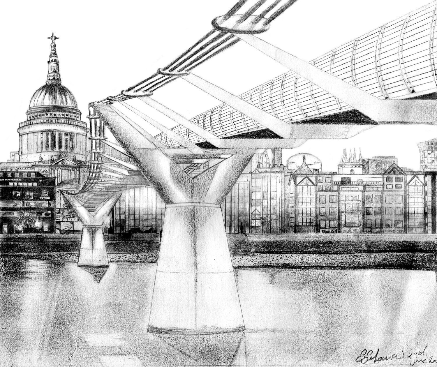 Matte Print 12 x 12 - London Skyline Pencil Drawing - Home Decor - Wall Art