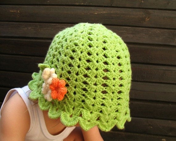 Crochet Girlie Green Hat with Flowers in Orange and Vanilla by dodofit on Etsy