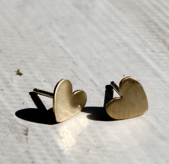 Valentines Day Studs- Tiny Brass Heart Studs with Sterling Silver Posts- Ready to ship