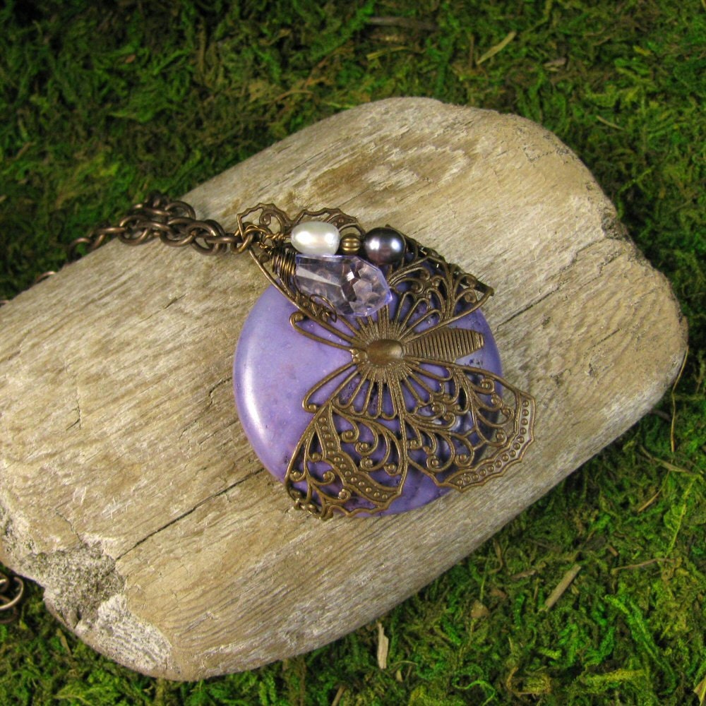 Brass Butterfly Necklace: "Fluttering Amethyst Butterfly"