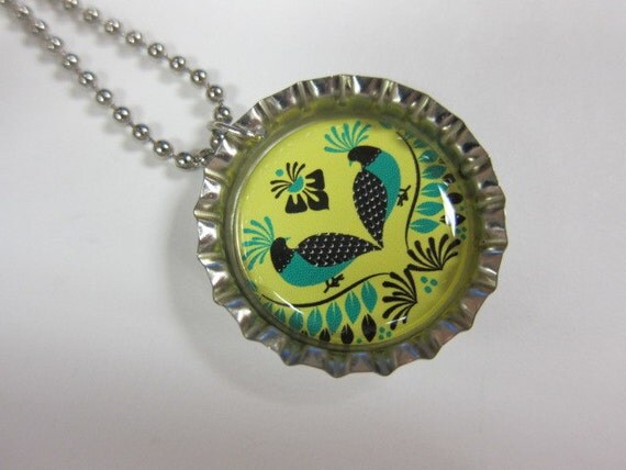 Bottlecap Necklace - Russian Folk Love Birds in Green and Yellow