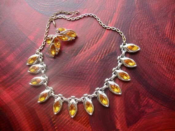 Art Deco Demi Parure - Canary Yellow Rhinestones