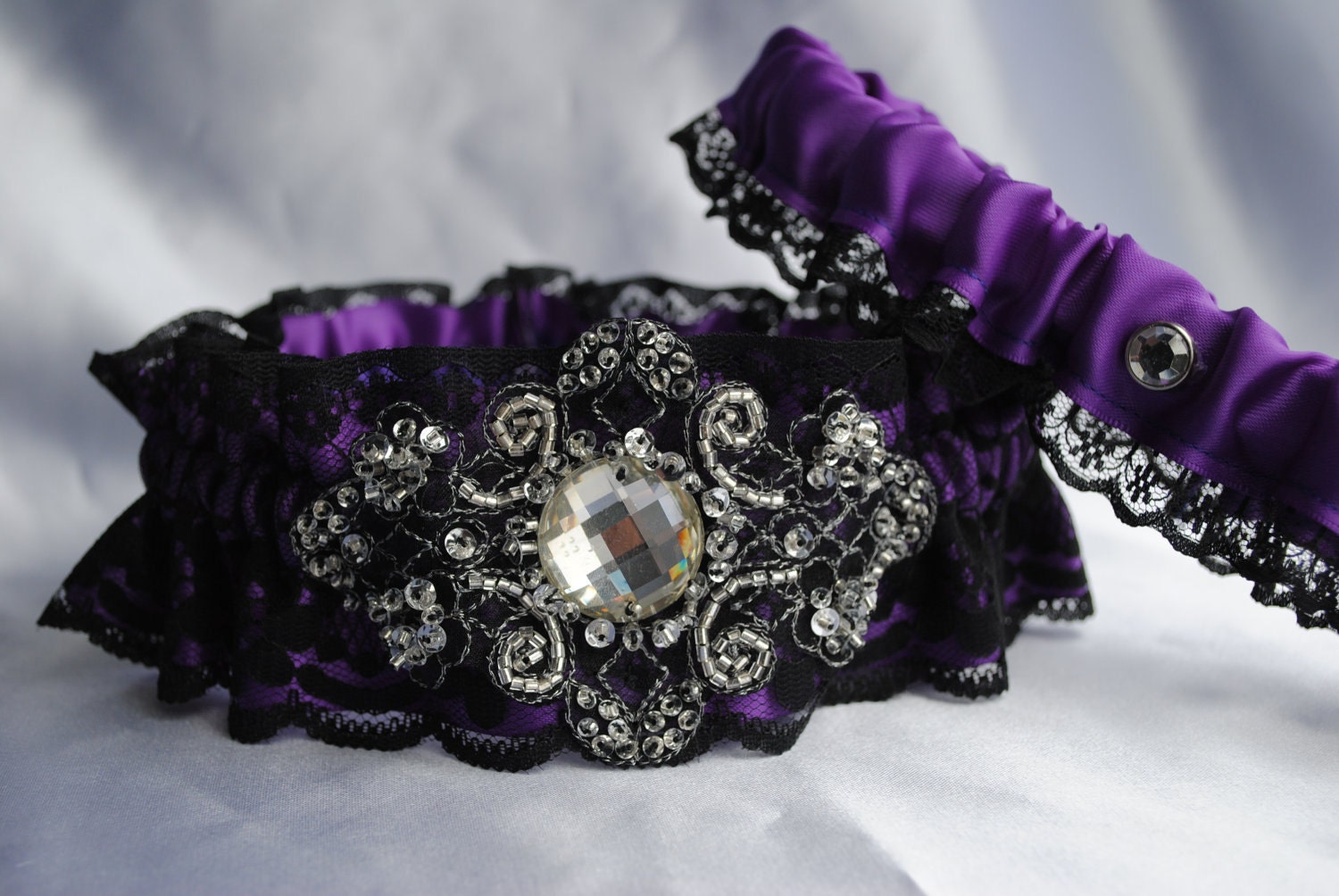 Wedding Garter set Stunning Heirloom Keepsake garter Purple and black lace
