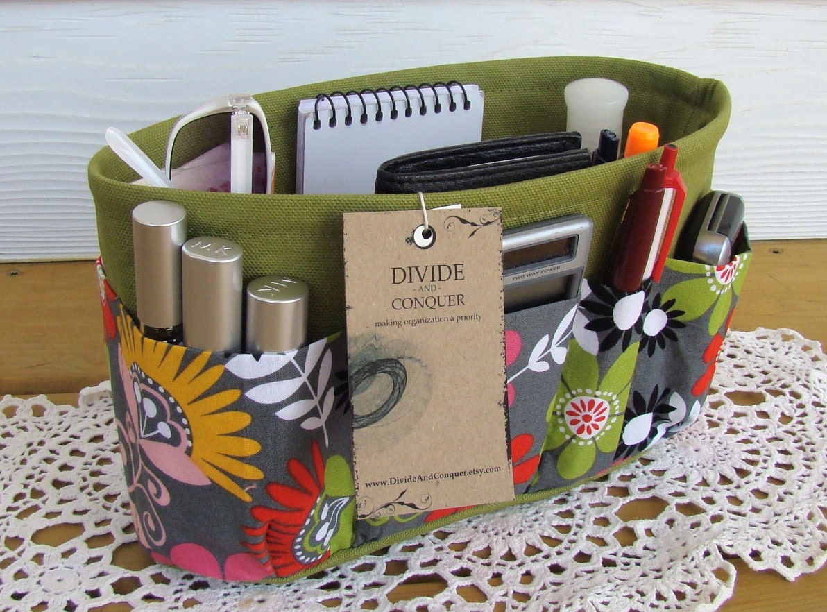 Purse Insert ORGANIZER SHAPER / Cosmo Meadow Floral On Green / STURDY / 5 sizes Available / Check out my shop for more variety