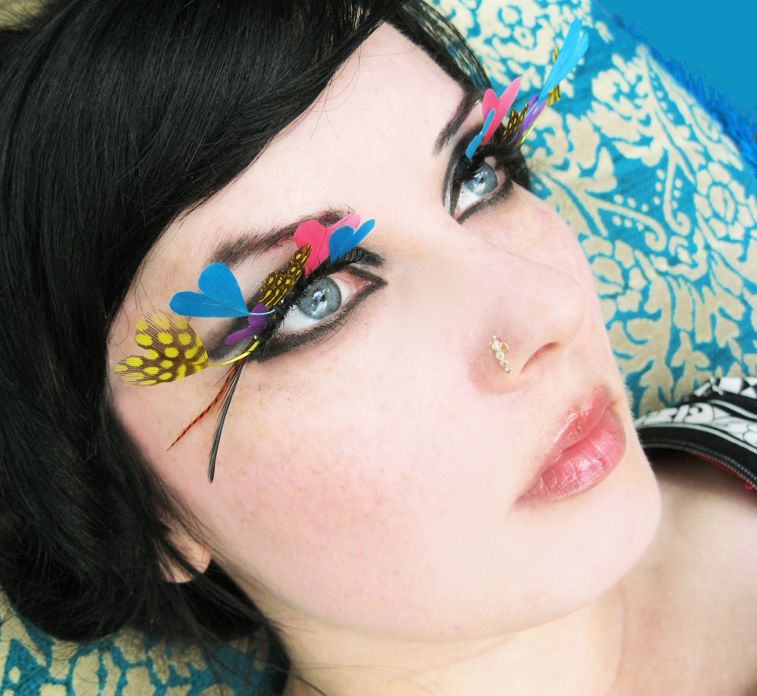 Love Eyes - Mod Psychedelic Feather Eyelashes w/ Rainbow-Colored Hearts and Swarovski Crystals - By Moonshine Baby