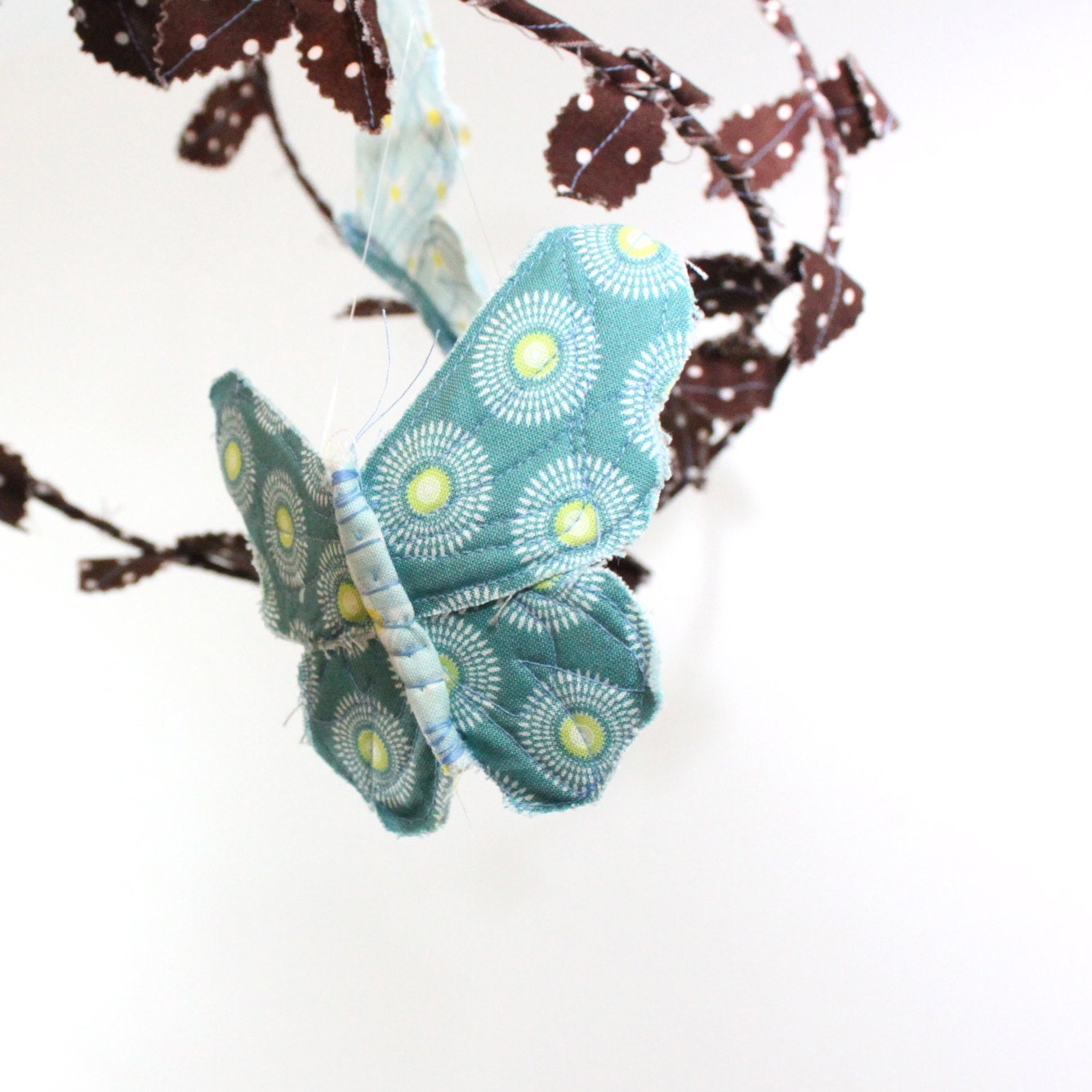 Butterfly Mobile - handmade fabric mobile in chocolate brown, sky blue, sunny yellow, teal, avocado, and gold