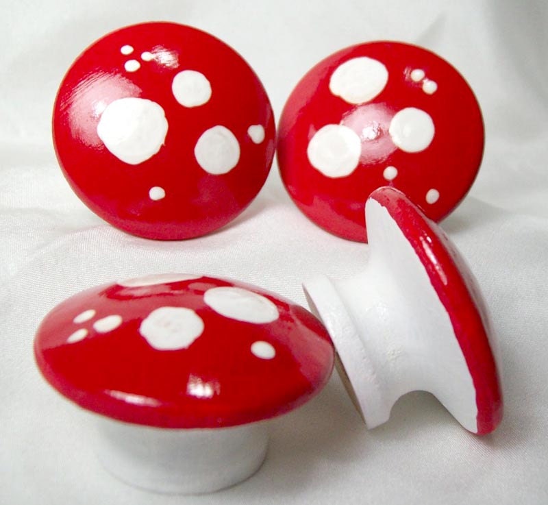 Knobs French mushroom red and white- handpainted set of 4