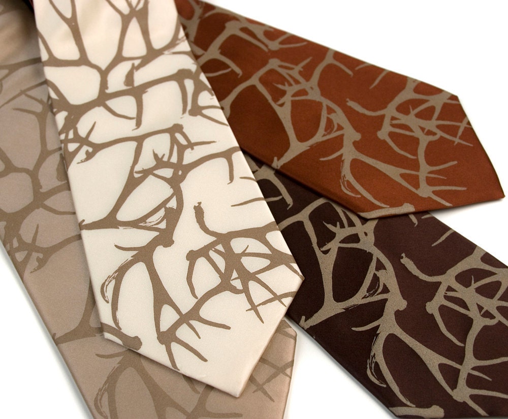 Men's silk necktie. "Stag Party." Silkscreen deer antler pattern tie. Tan print. Handprinted by Cyberoptix / Toybreaker