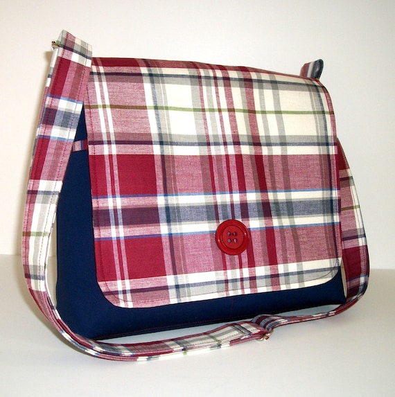 Messenger Bag, Plaid Bag, Maroon and Blue Cotton, Long Adjustable Strap, Medium Size