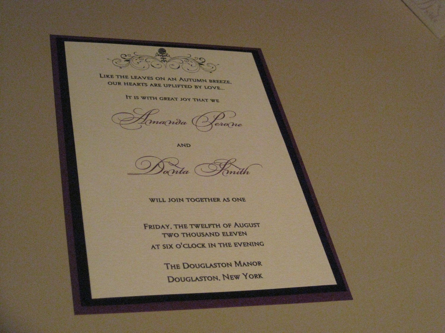 Elegant Metallic Layered Purple Black and Ivory Wedding Invitation 5x7 with