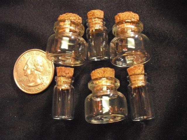 6 Mini Glass Viles With Cork Tops Assorted Sizes