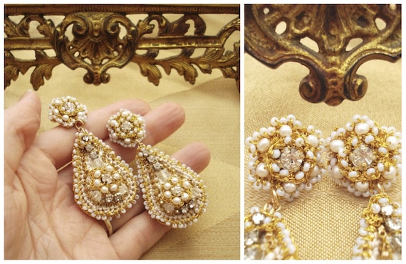 Dulcinea Bridal Chandelier Earrings- Teardrop. Vintage Rhinestones. White Pearls. Gold Lace. Taupe Silk