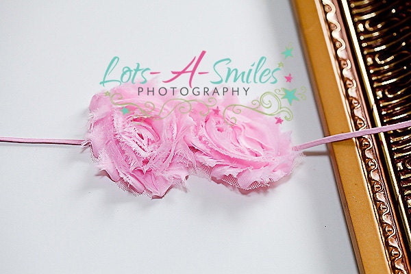 FREE SHIPPING - ready to ship - pink shabby chic dual chiffon roses, rosettes on an elastic headband - newborn, toddler, adult
