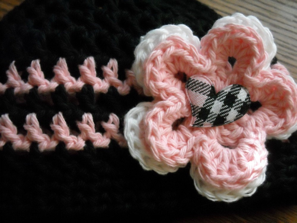Black and Pink Crochet Beanie Hat with Flowers  Any Size