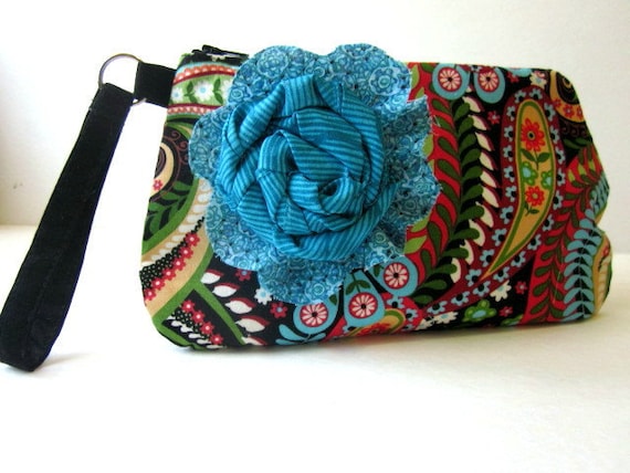Handmade wristlet Multi-color Paisley turquoise floral brooch
