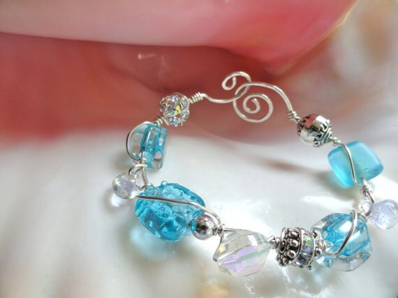 Iced Turquoise Cane and Lampwork Bead and Czech Crystal Sterling SIlver Bracelet