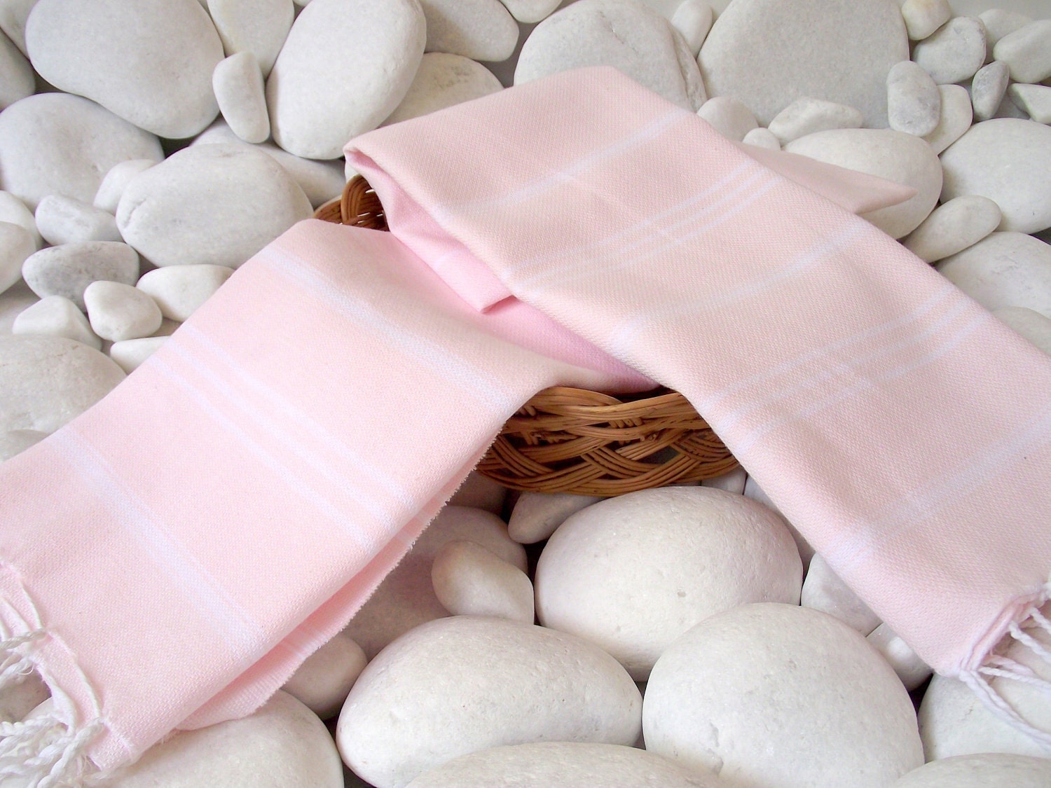 High Quality- Set of 2- Hand Woven Turkish Cotton Hand Towel,Hair Towel or Unisex Neck Warmer-White Stripes on Pale Baby Pink