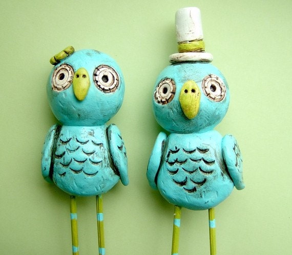 Turquoise and Apple Green Owls wedding cake topper From indigotwinweddings