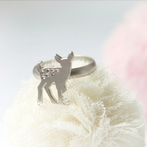 Bambi Baby deer adjustable ring in matt silver