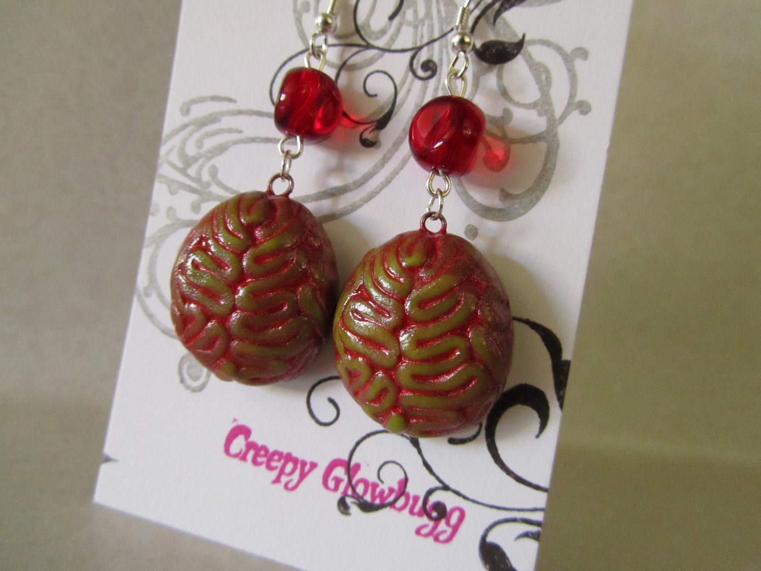 Zombie Brain earrings  infected with red bead accent